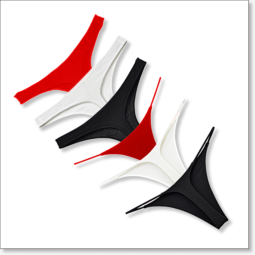 6-pack thongs for women in black, white, and red – flat lay view